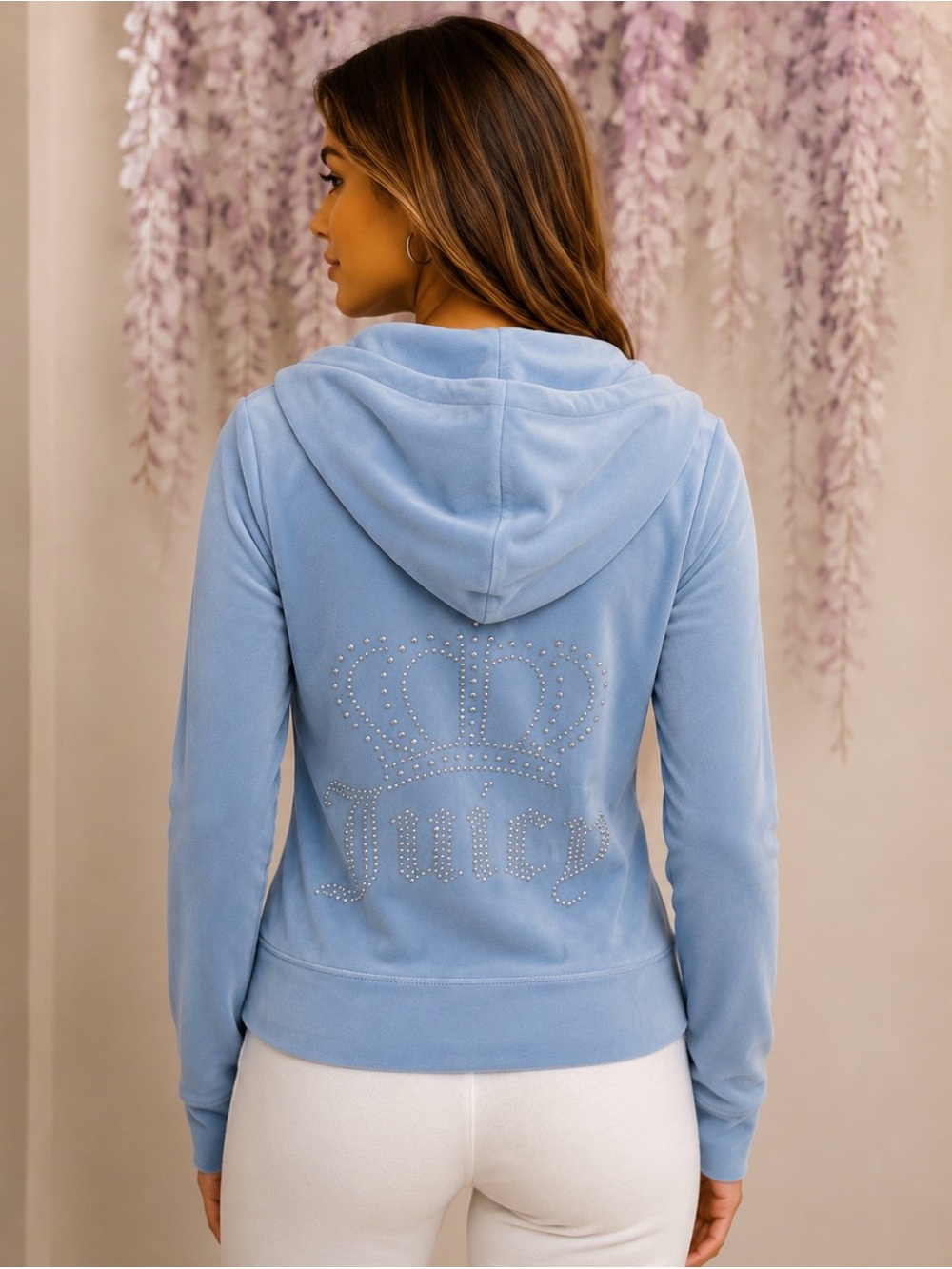 Juicy Couture Baby Blue Velour Rhinestone Crown Zip Hoodie